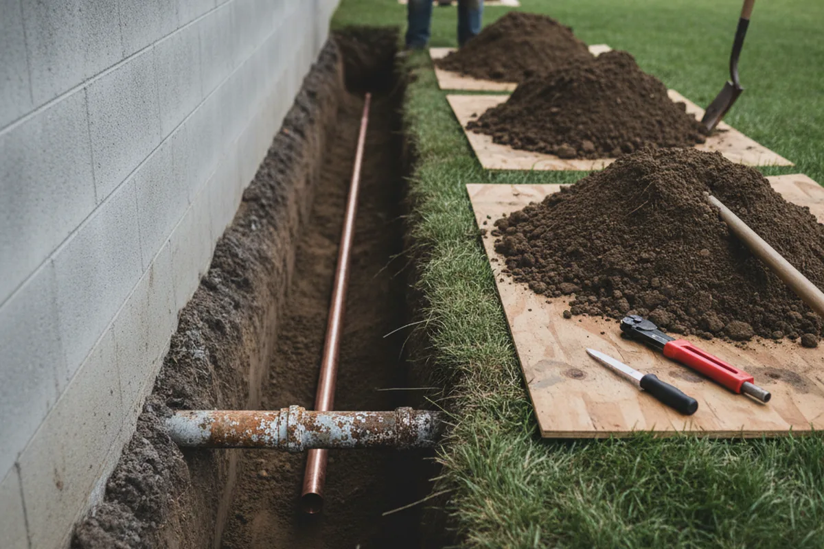 Excavated water line trench during Water Heater Repair in Kent